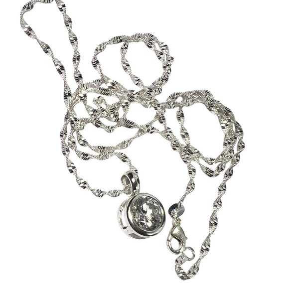 Sterling Silver Twisted Diamond Cut Chain Necklace Round faceted Crystal Pendant - Picture 1 of 7